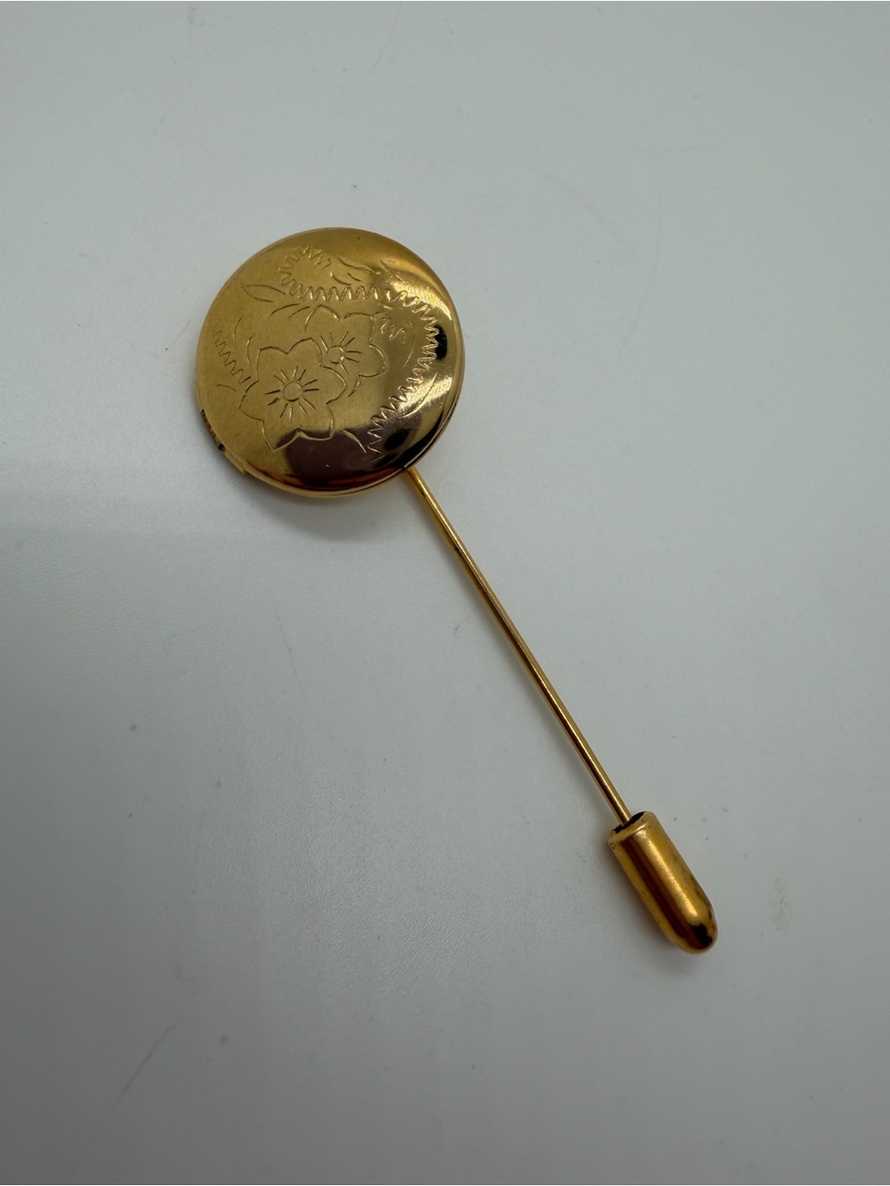 Gold tone etched floral locket hat pin